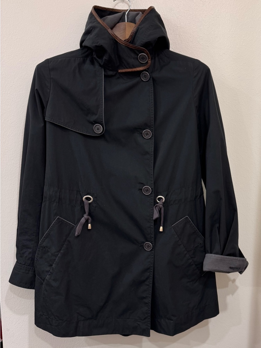 Brunello Cucinelli Black Cotton Utility Jacket Hooded Coat Italy Size 46 M